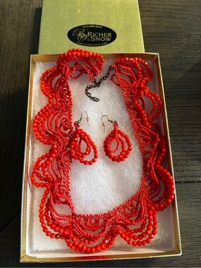 Coral Beaded Necklace and Earrings Set